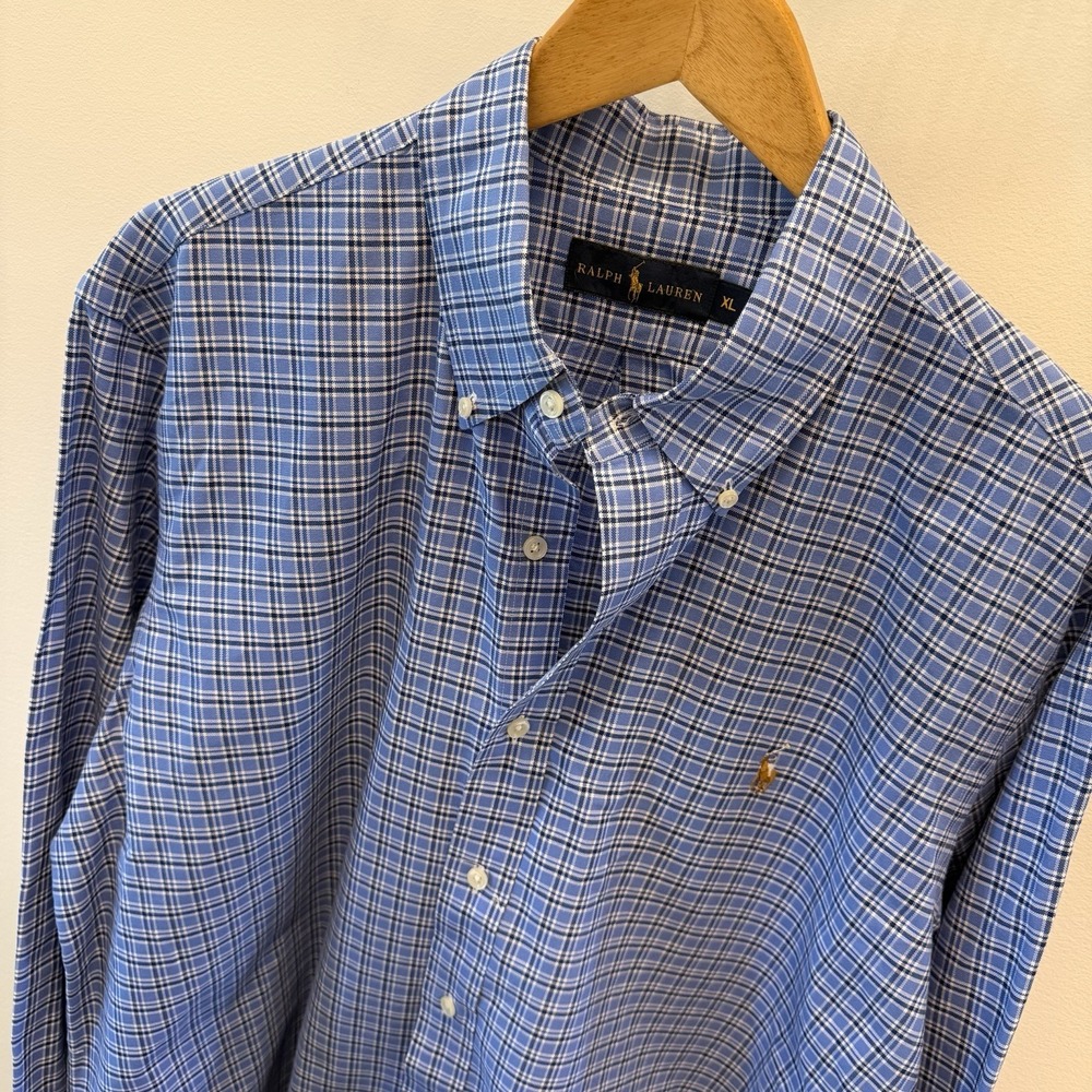 Men's Ralph Lauren Polo Blue Plaid Button Down Dress Shirt Size XL Flesh Pony